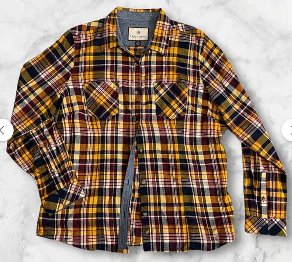 Legendary Whitetails Mens Flannel Shirt Mens XL Plaid Button Up Blue Yellow